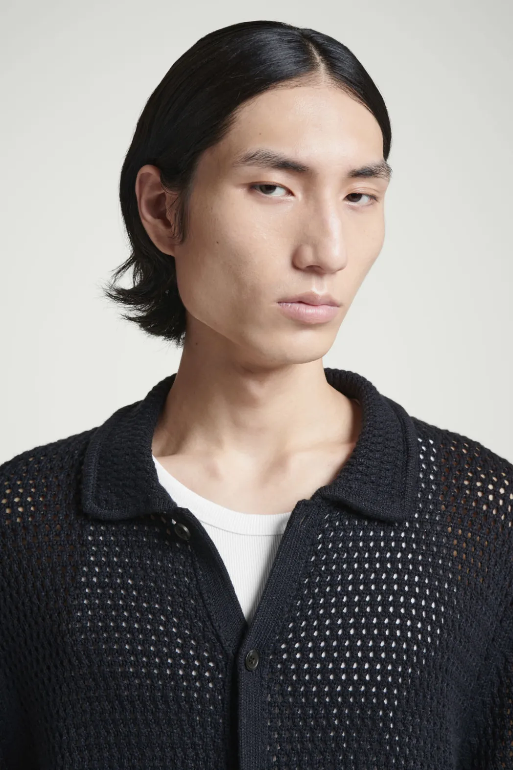 New COS COLLARED OPEN-KNIT WOOL CARDIGAN NAVY
