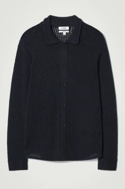 New COS COLLARED OPEN-KNIT WOOL CARDIGAN NAVY