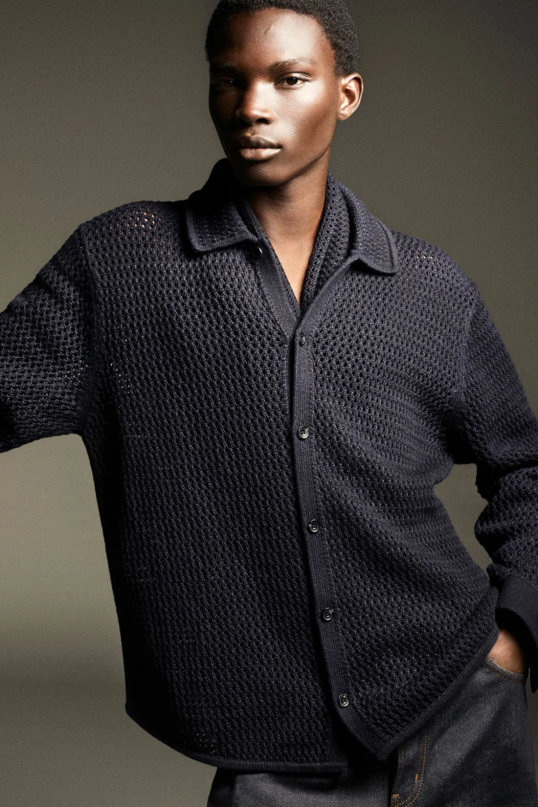New COS COLLARED OPEN-KNIT WOOL CARDIGAN NAVY