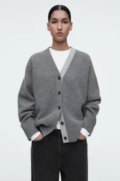 Discount COS COLOUR-BLOCK WOOL V-NECK CARDIGAN GRAY