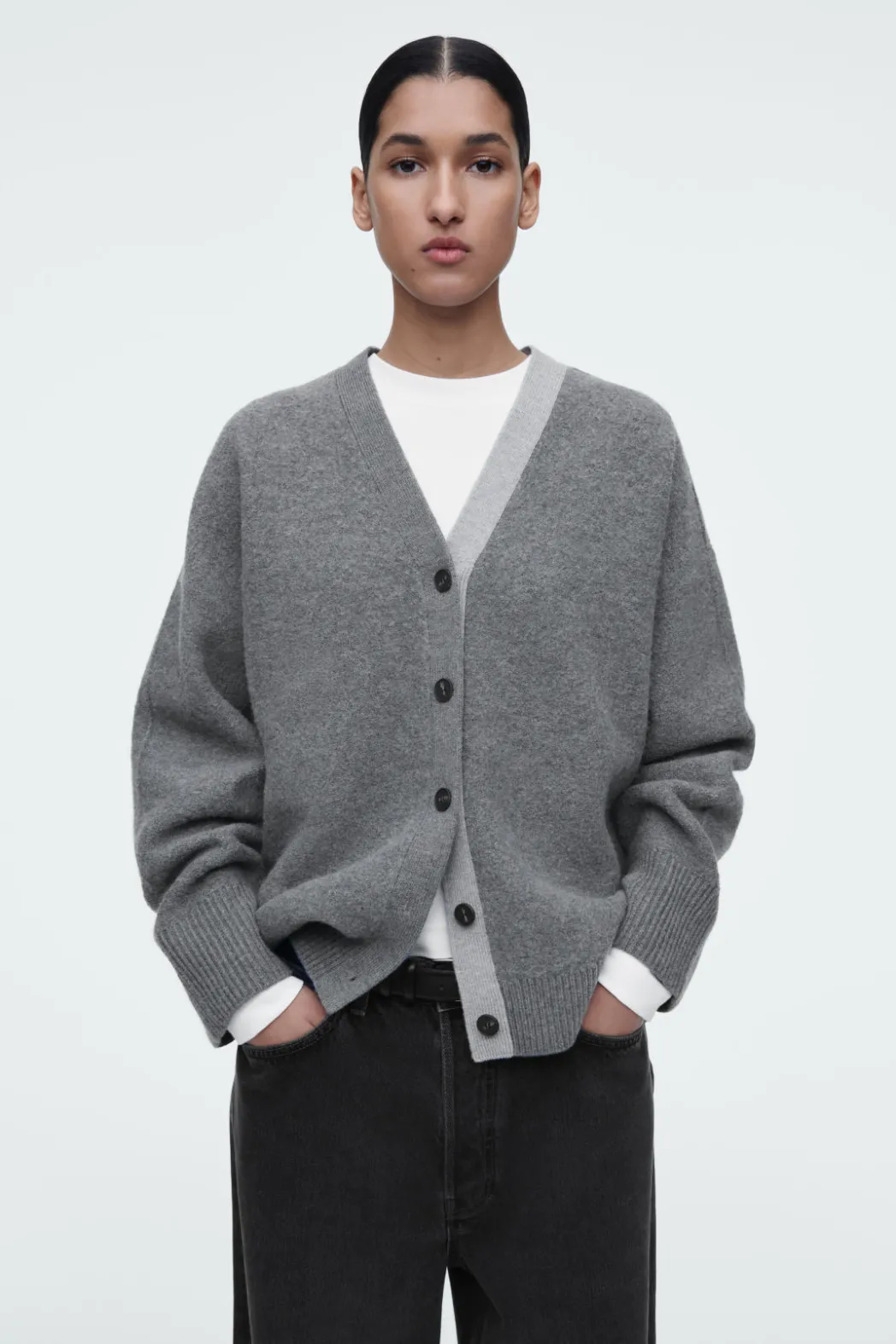 Discount COS COLOUR-BLOCK WOOL V-NECK CARDIGAN GRAY