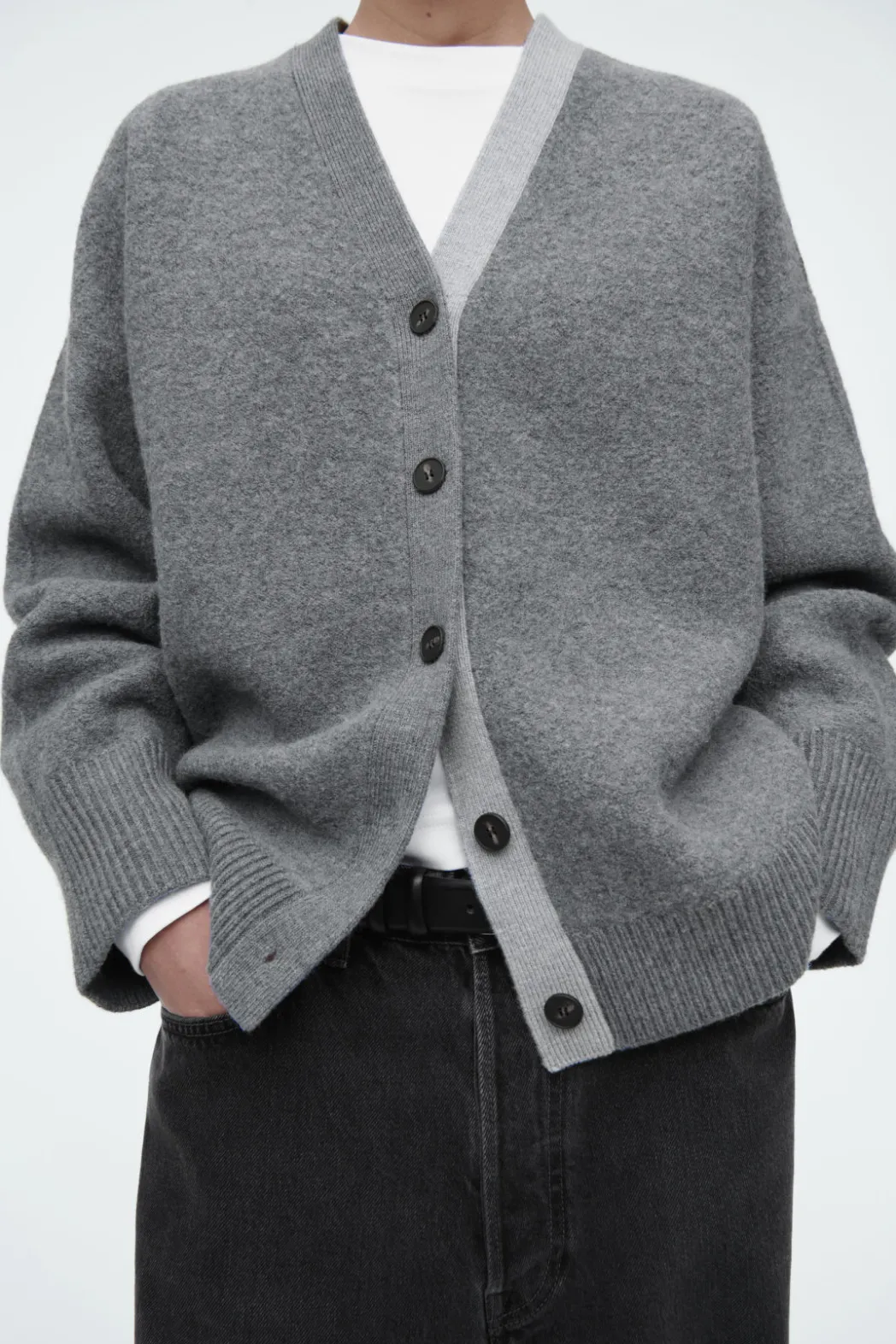 Discount COS COLOUR-BLOCK WOOL V-NECK CARDIGAN GRAY