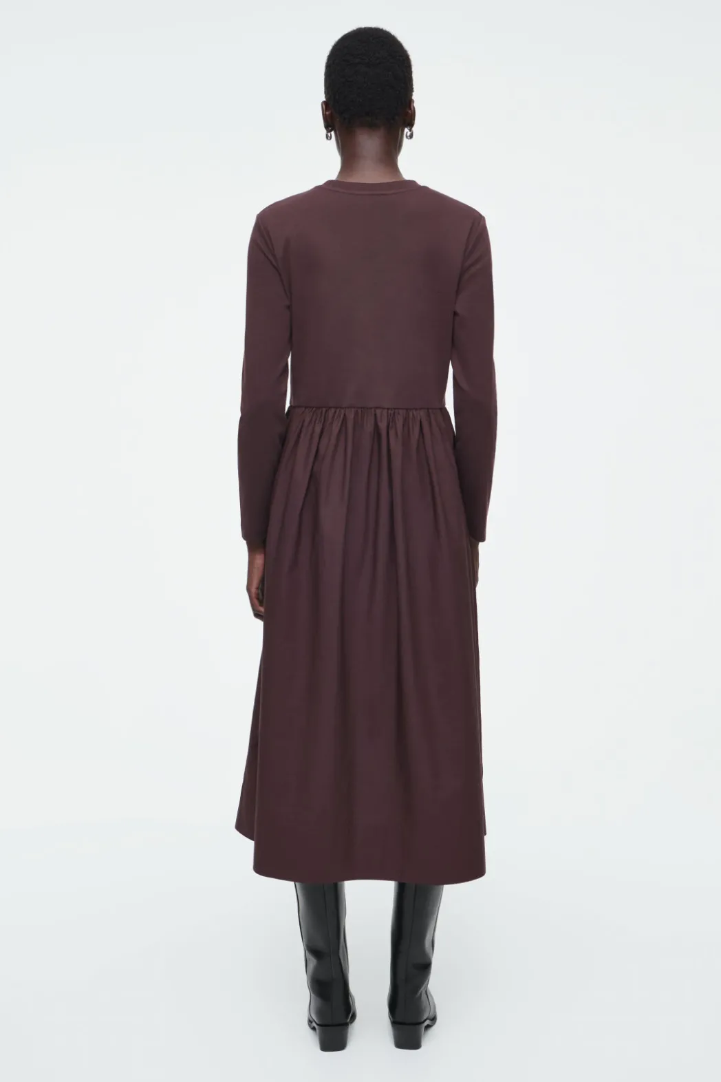 New COS CONTRAST-PANEL LONG-SLEEVED MIDI DRESS BURGUNDY