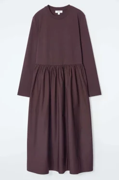 New COS CONTRAST-PANEL LONG-SLEEVED MIDI DRESS BURGUNDY
