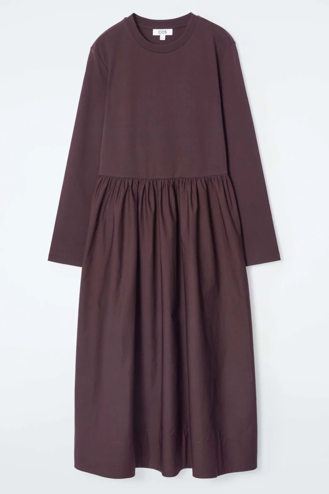New COS CONTRAST-PANEL LONG-SLEEVED MIDI DRESS BURGUNDY