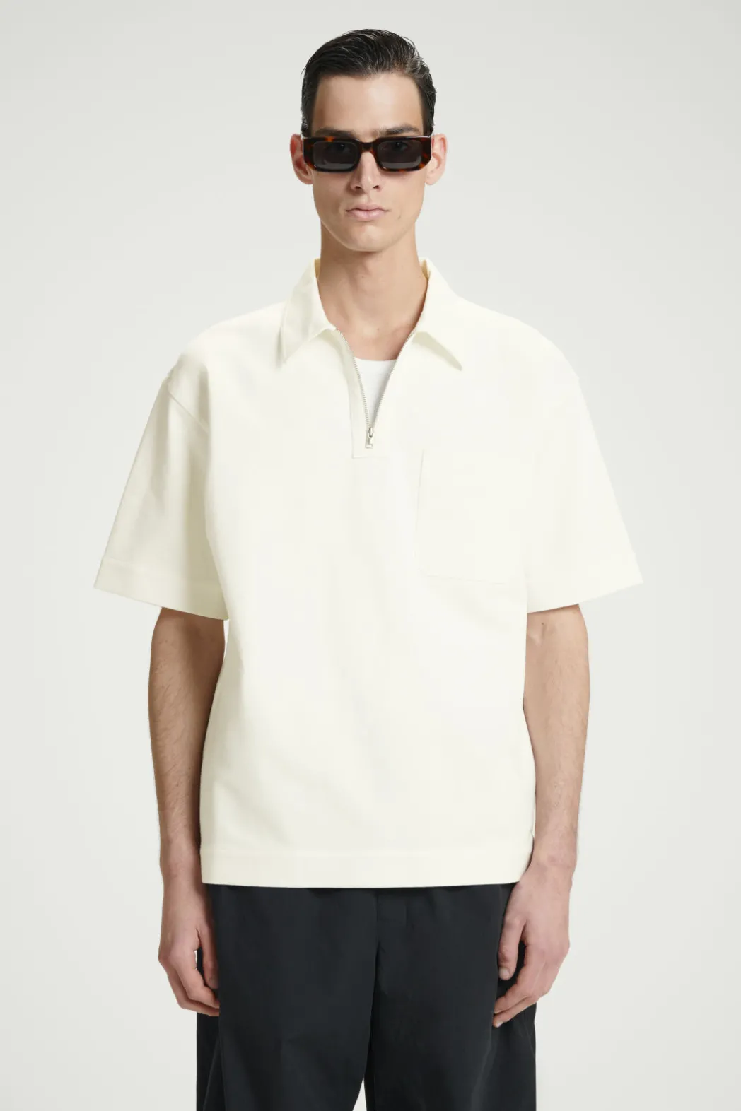 Discount COS COTTON-TWILL HALF-ZIP POLO SHIRT OFF-WHITE