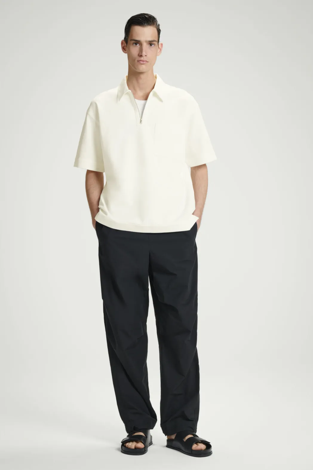 Discount COS COTTON-TWILL HALF-ZIP POLO SHIRT OFF-WHITE