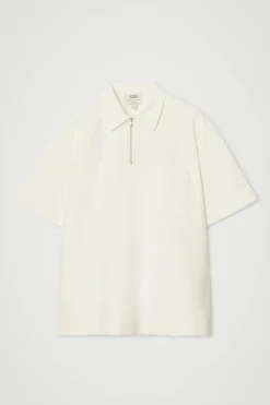 Discount COS COTTON-TWILL HALF-ZIP POLO SHIRT OFF-WHITE