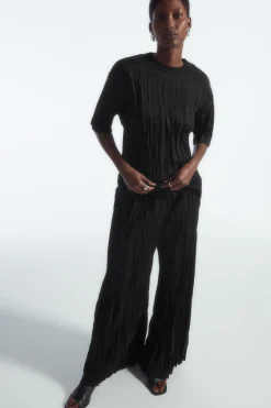 Clearance COS CRINKLED JERSEY WIDE-LEG PANTS BLACK