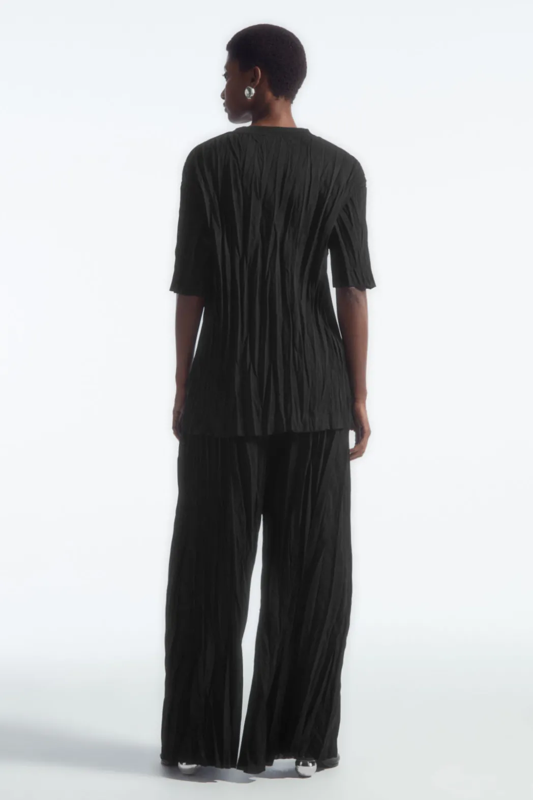 Clearance COS CRINKLED JERSEY WIDE-LEG PANTS BLACK