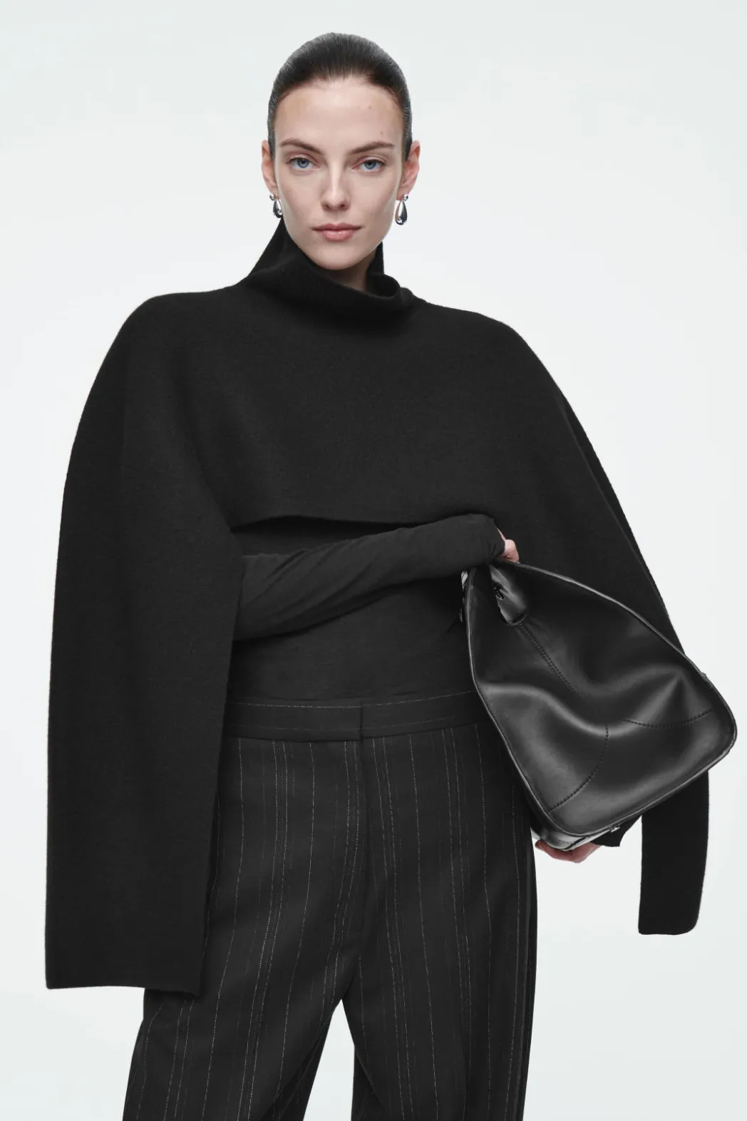 COS CROPPED BOILED-WOOL HYBRID CAPE BLACK
