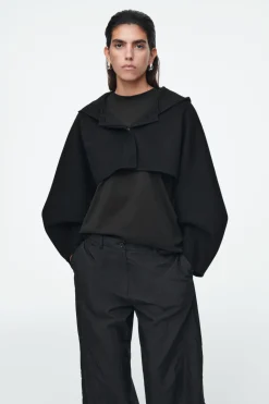 Discount COS CROPPED DOUBLE-FACED WOOL HOODED JACKET BLACK