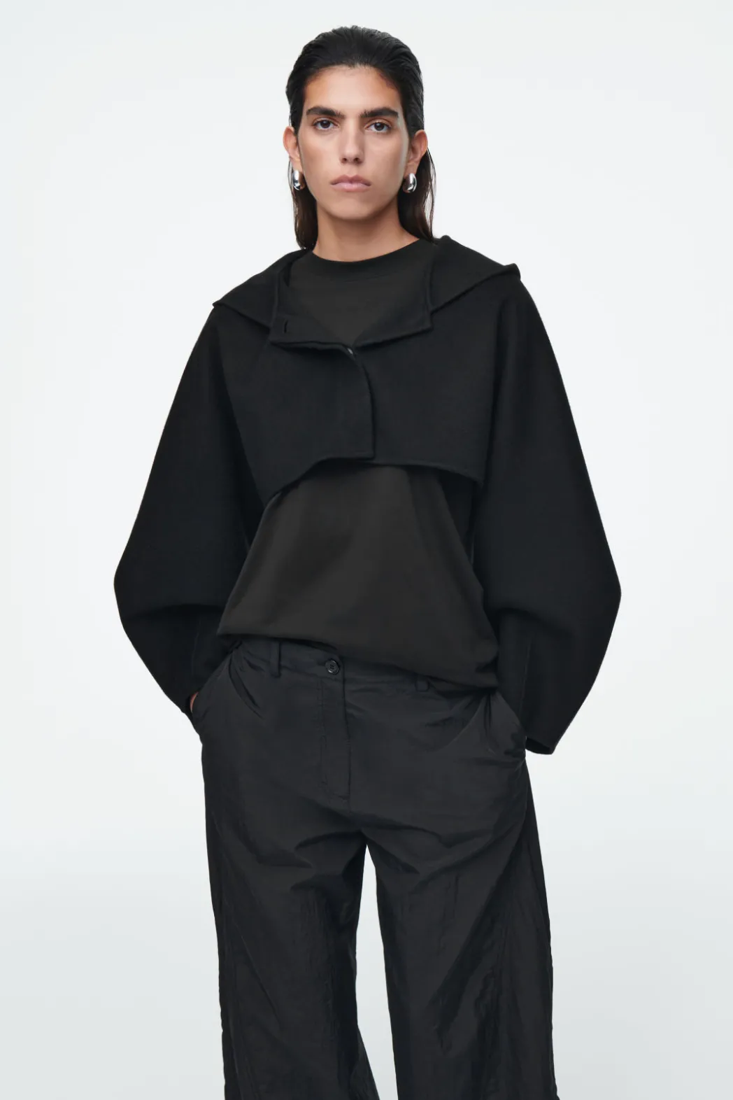 Discount COS CROPPED DOUBLE-FACED WOOL HOODED JACKET BLACK