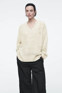 Sale COS DISTRESSED STRIPED KNITTED LINEN-BLEND SWEATER LIGHT BEIGE