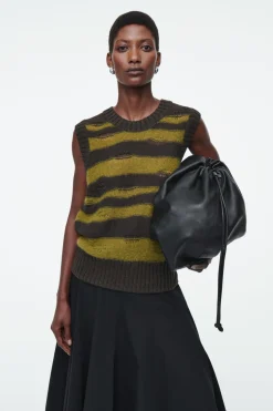 COS DISTRESSED STRIPED LINEN-BLEND KNITTED TANK GREEN / STRIPED