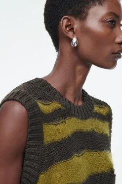 COS DISTRESSED STRIPED LINEN-BLEND KNITTED TANK GREEN / STRIPED