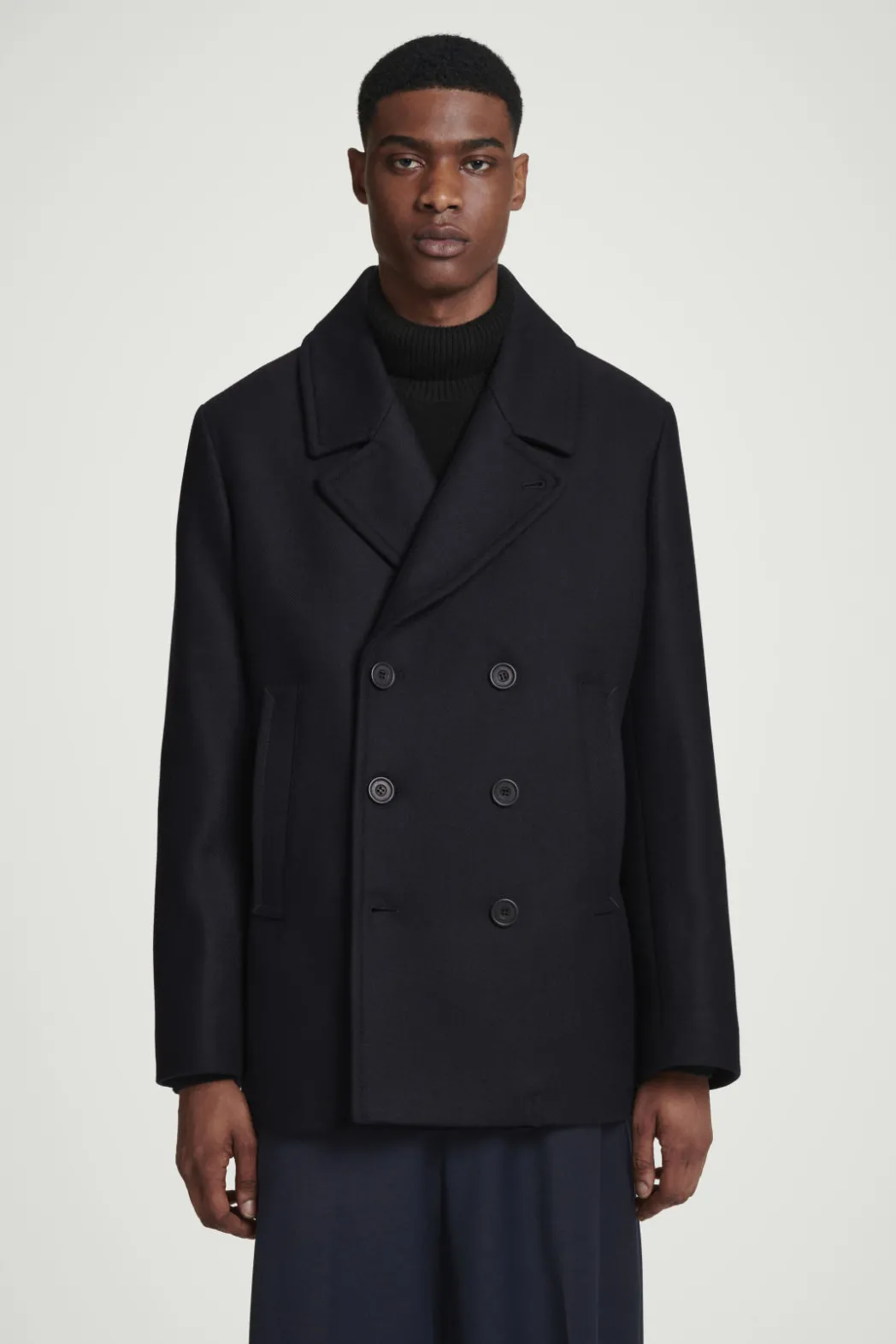 New COS DOUBLE-BREASTED WOOL PEA COAT NAVY