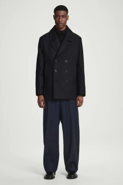 New COS DOUBLE-BREASTED WOOL PEA COAT NAVY