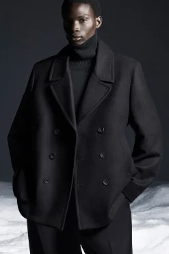 New COS DOUBLE-BREASTED WOOL PEA COAT NAVY