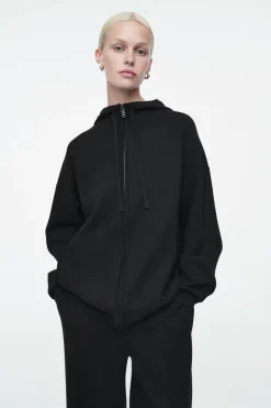 New COS DOUBLE-FACED KNITTED ZIP-UP HOODIE BLACK