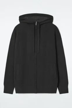 New COS DOUBLE-FACED KNITTED ZIP-UP HOODIE BLACK