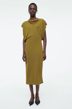 Online COS DRAPED COWL-NECK MIDI DRESS KHAKI GREEN