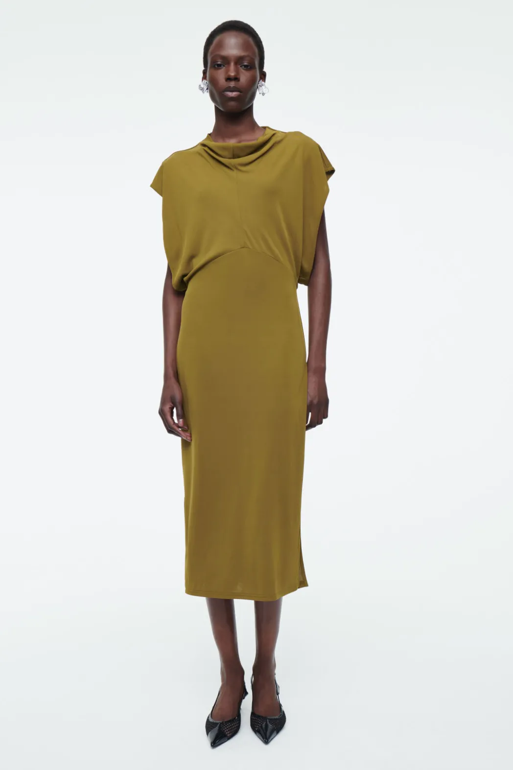 Online COS DRAPED COWL-NECK MIDI DRESS KHAKI GREEN