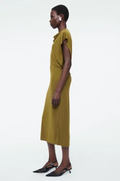 Online COS DRAPED COWL-NECK MIDI DRESS KHAKI GREEN