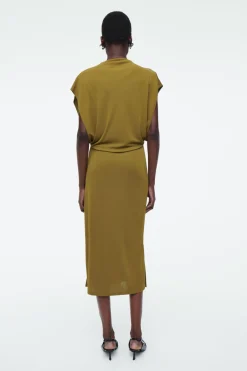 Online COS DRAPED COWL-NECK MIDI DRESS KHAKI GREEN