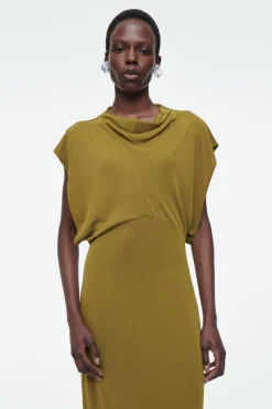 Online COS DRAPED COWL-NECK MIDI DRESS KHAKI GREEN