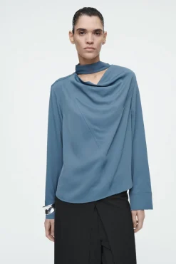 Sale COS DRAPED SCARF-DETAIL BLOUSE BLUE