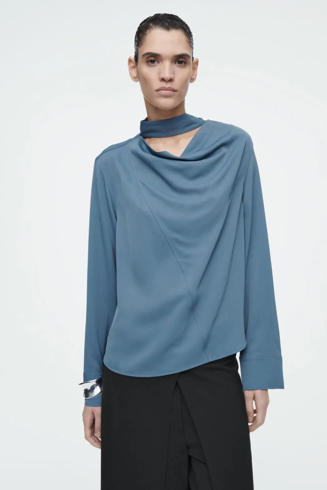Sale COS DRAPED SCARF-DETAIL BLOUSE BLUE