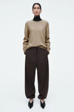 New COS DRAWSTRING TWILL BARREL-LEG TROUSERS DARK BROWN