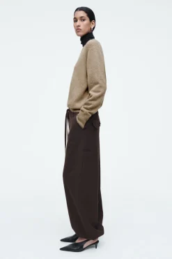 New COS DRAWSTRING TWILL BARREL-LEG TROUSERS DARK BROWN