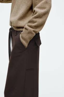 New COS DRAWSTRING TWILL BARREL-LEG TROUSERS DARK BROWN