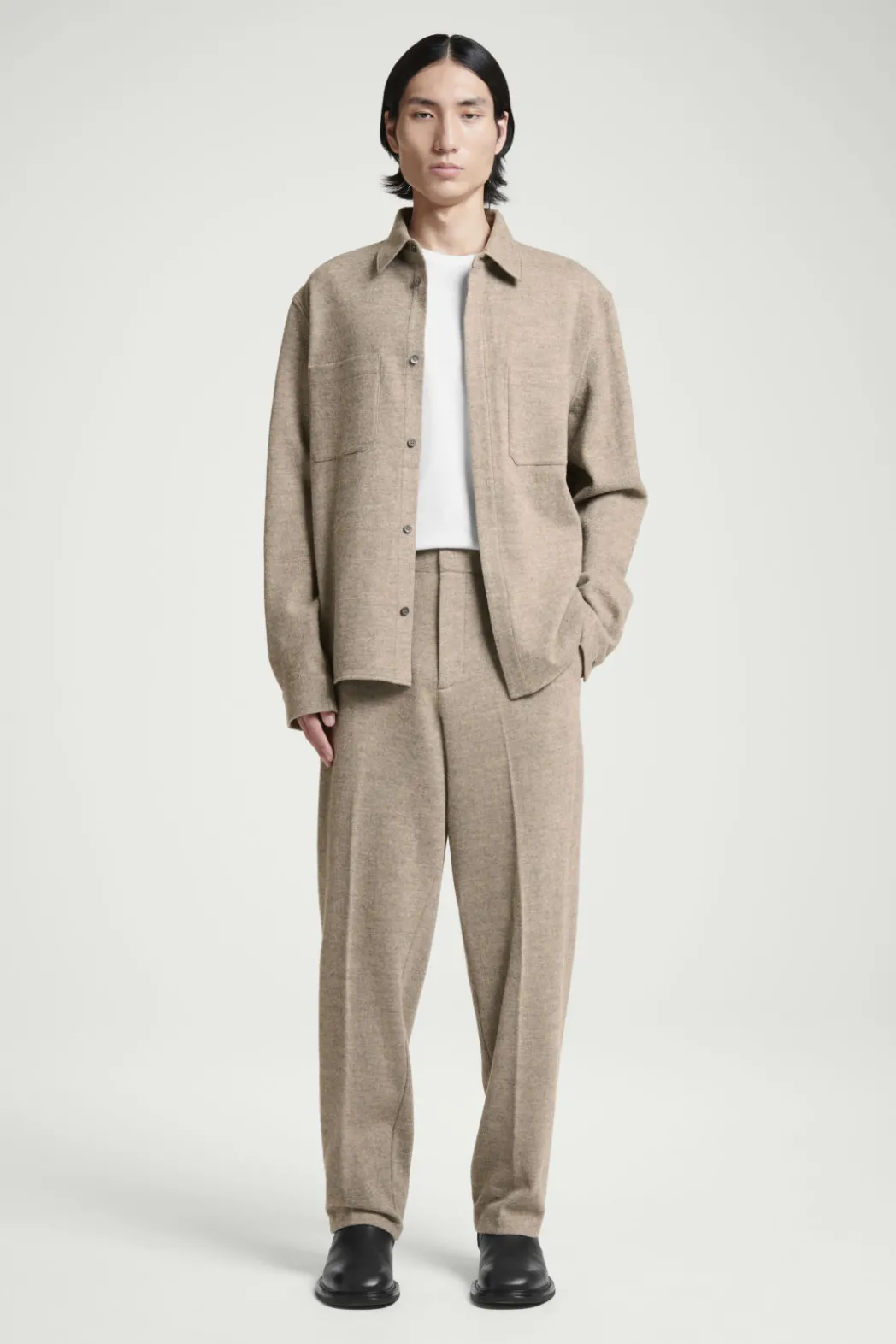 New COS ELASTICATED BOILED-WOOL PANTS DARK BEIGE