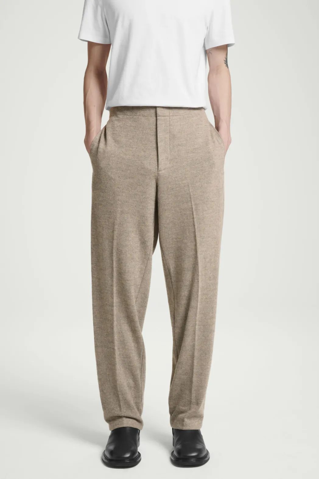 New COS ELASTICATED BOILED-WOOL PANTS DARK BEIGE