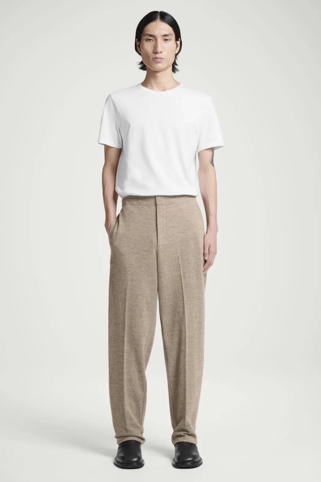 New COS ELASTICATED BOILED-WOOL PANTS DARK BEIGE