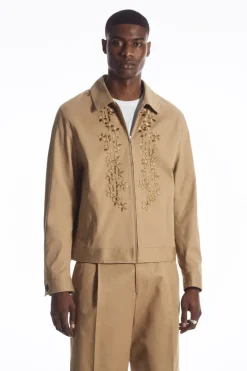 Clearance COS EMBROIDERED FLORAL ZIP-UP OVERSHIRT TAN BEIGE