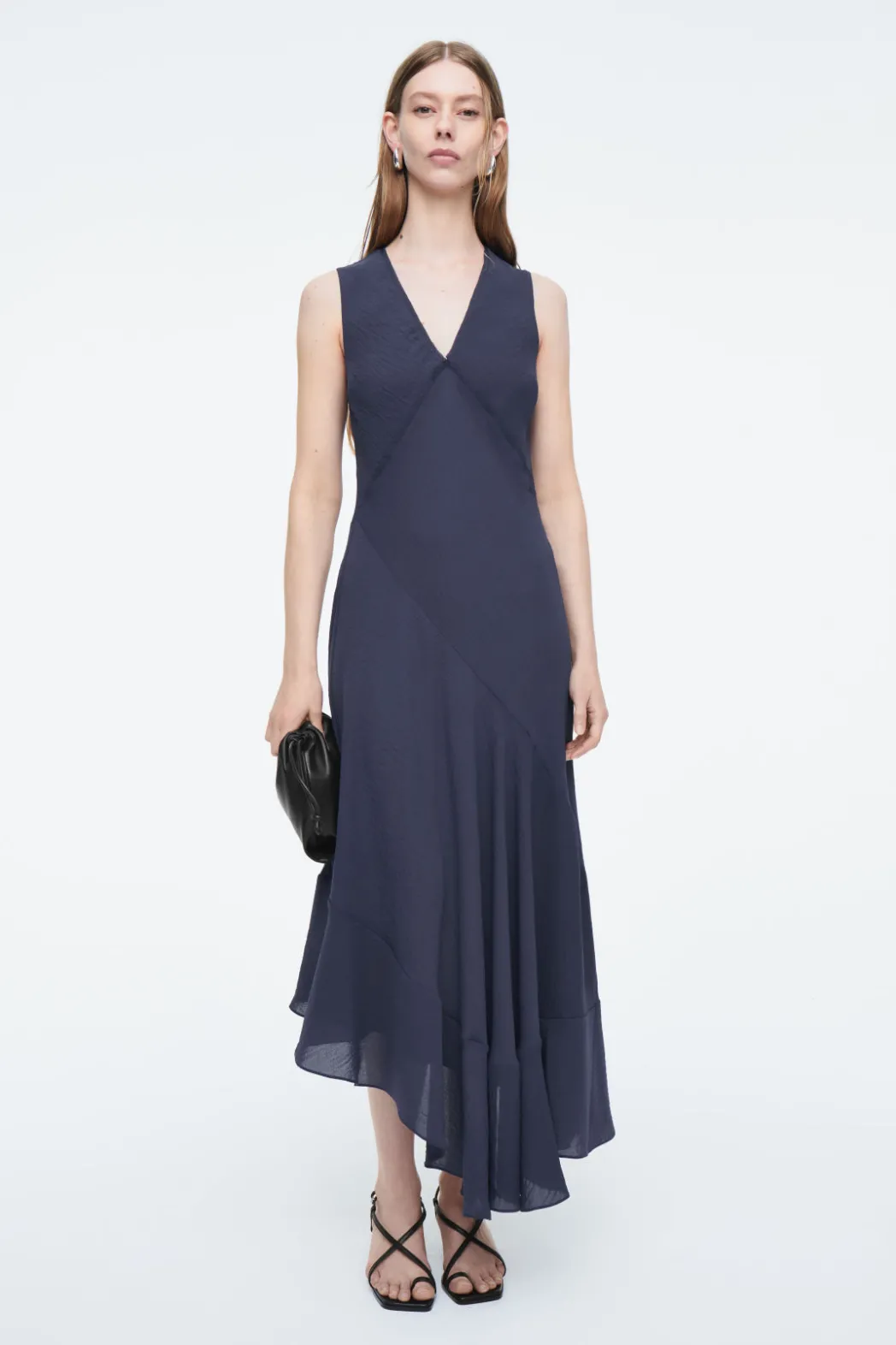 New COS FLOATY ASYMMETRIC MIDI DRESS NAVY