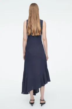 New COS FLOATY ASYMMETRIC MIDI DRESS NAVY