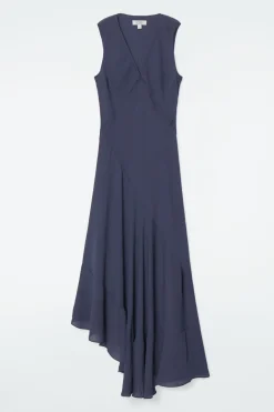 New COS FLOATY ASYMMETRIC MIDI DRESS NAVY
