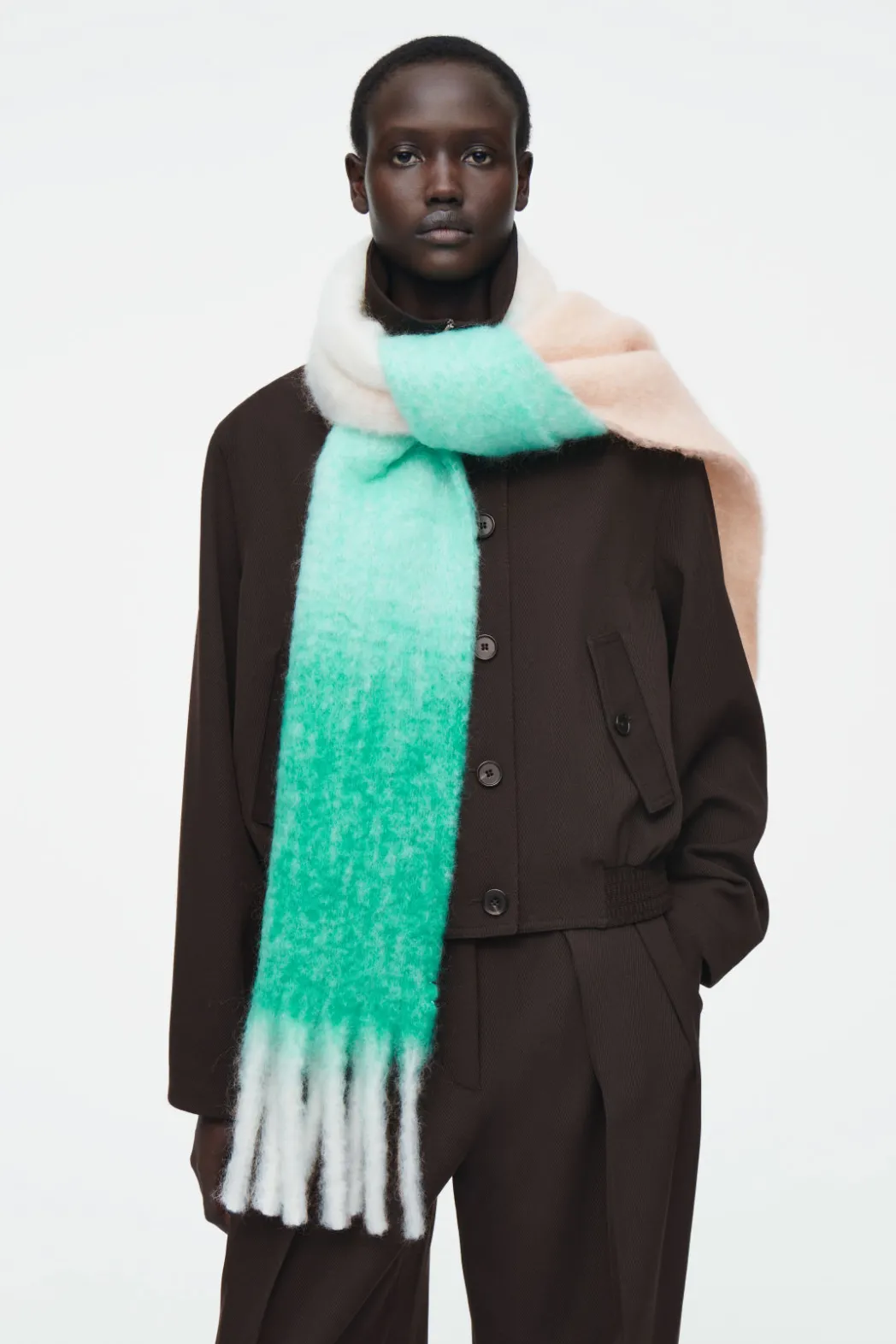 Online COS FRINGED BRUSHED-MOHAIR SCARF GREEN / IVORY / APRICOT