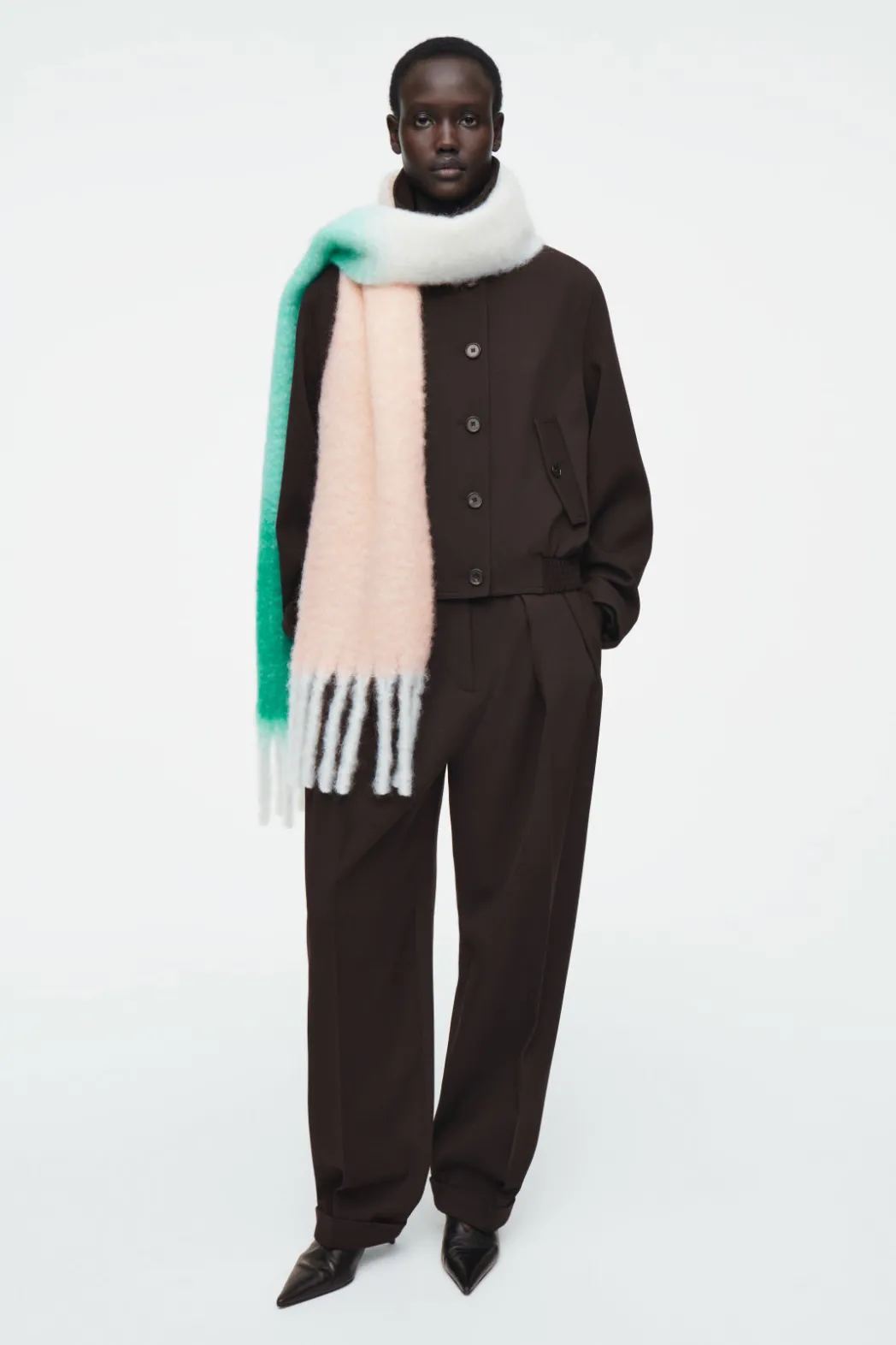 Online COS FRINGED BRUSHED-MOHAIR SCARF GREEN / IVORY / APRICOT