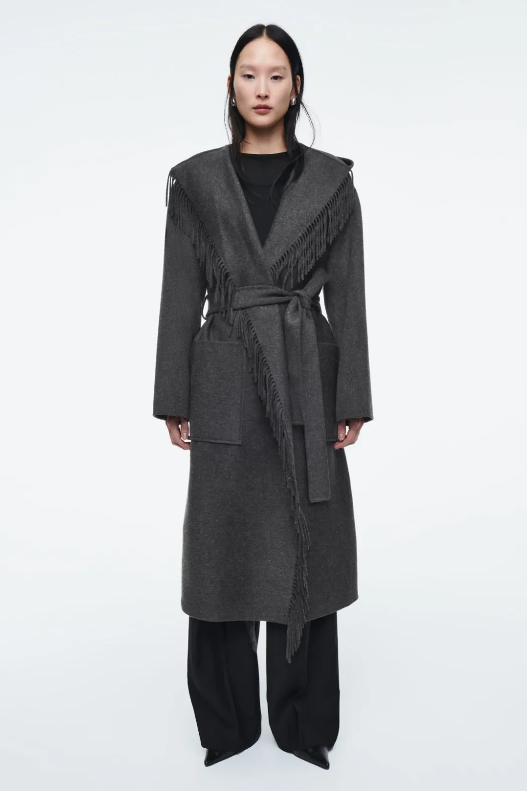 COS FRINGED DOUBLE-FACED WOOL COAT DARK GRAY