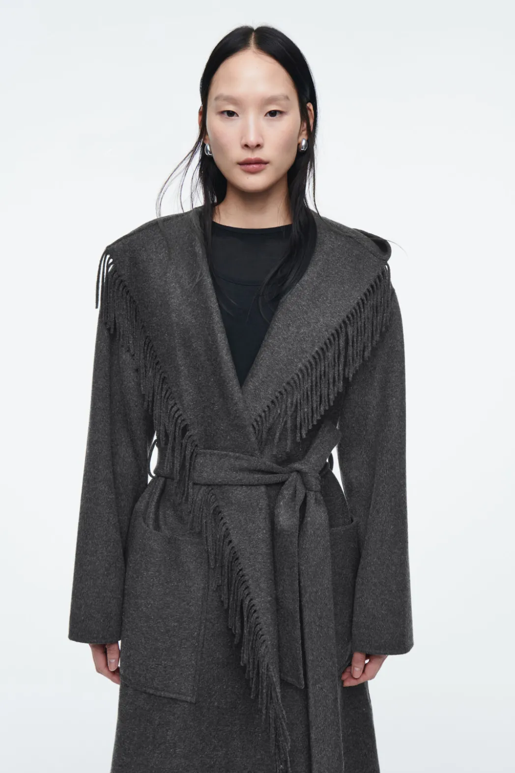COS FRINGED DOUBLE-FACED WOOL COAT DARK GRAY