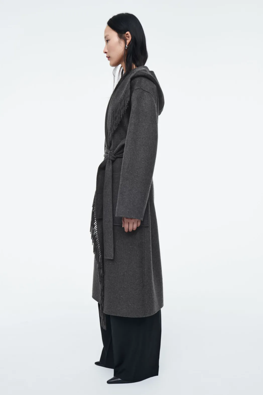 COS FRINGED DOUBLE-FACED WOOL COAT DARK GRAY