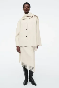 New COS FRINGED WOOL MIDI WRAP SKIRT WHITE