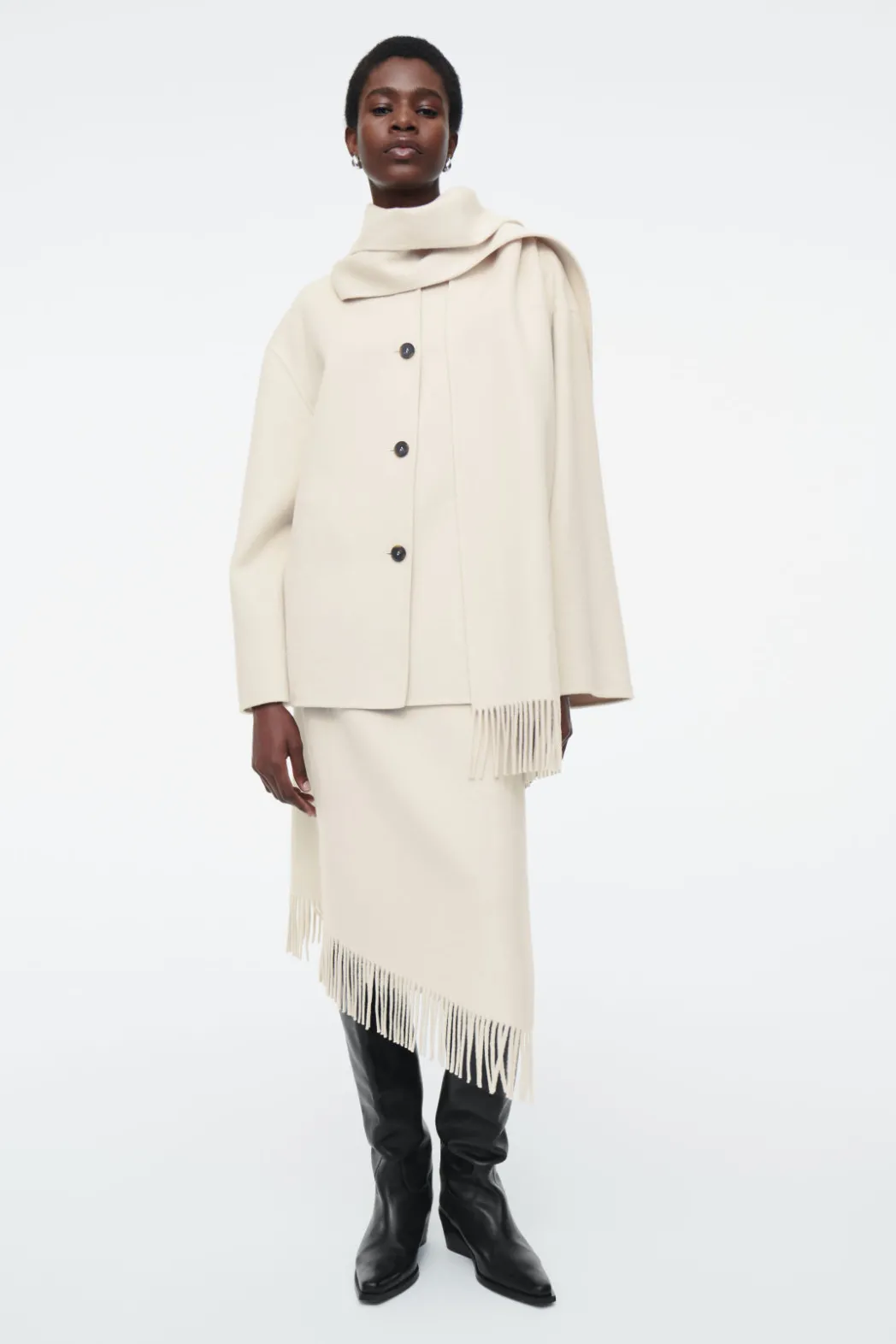 New COS FRINGED WOOL MIDI WRAP SKIRT WHITE