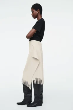New COS FRINGED WOOL MIDI WRAP SKIRT WHITE